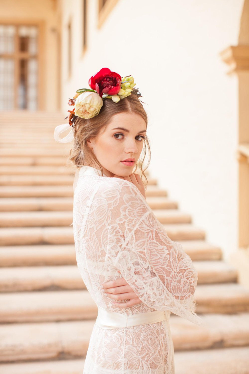 TULIP FRENCH LACE & SILK BRIDAL KIMONO ROBE IN IVORY - STYLE 200