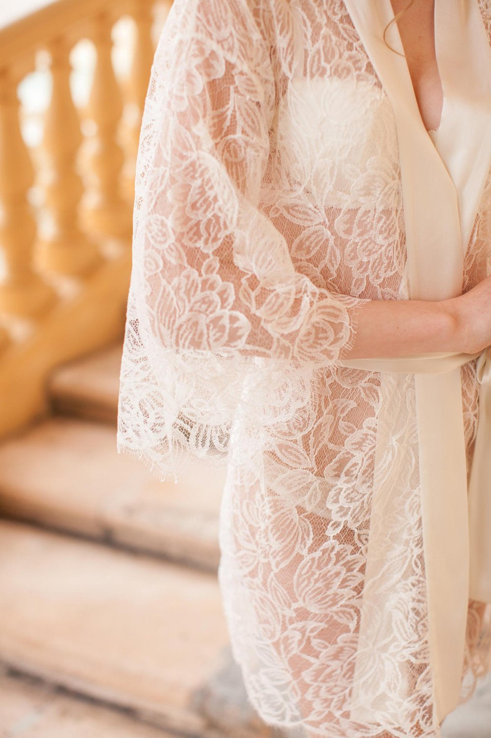 TULIP FRENCH LACE & SILK BRIDAL KIMONO ROBE IN IVORY - STYLE 200