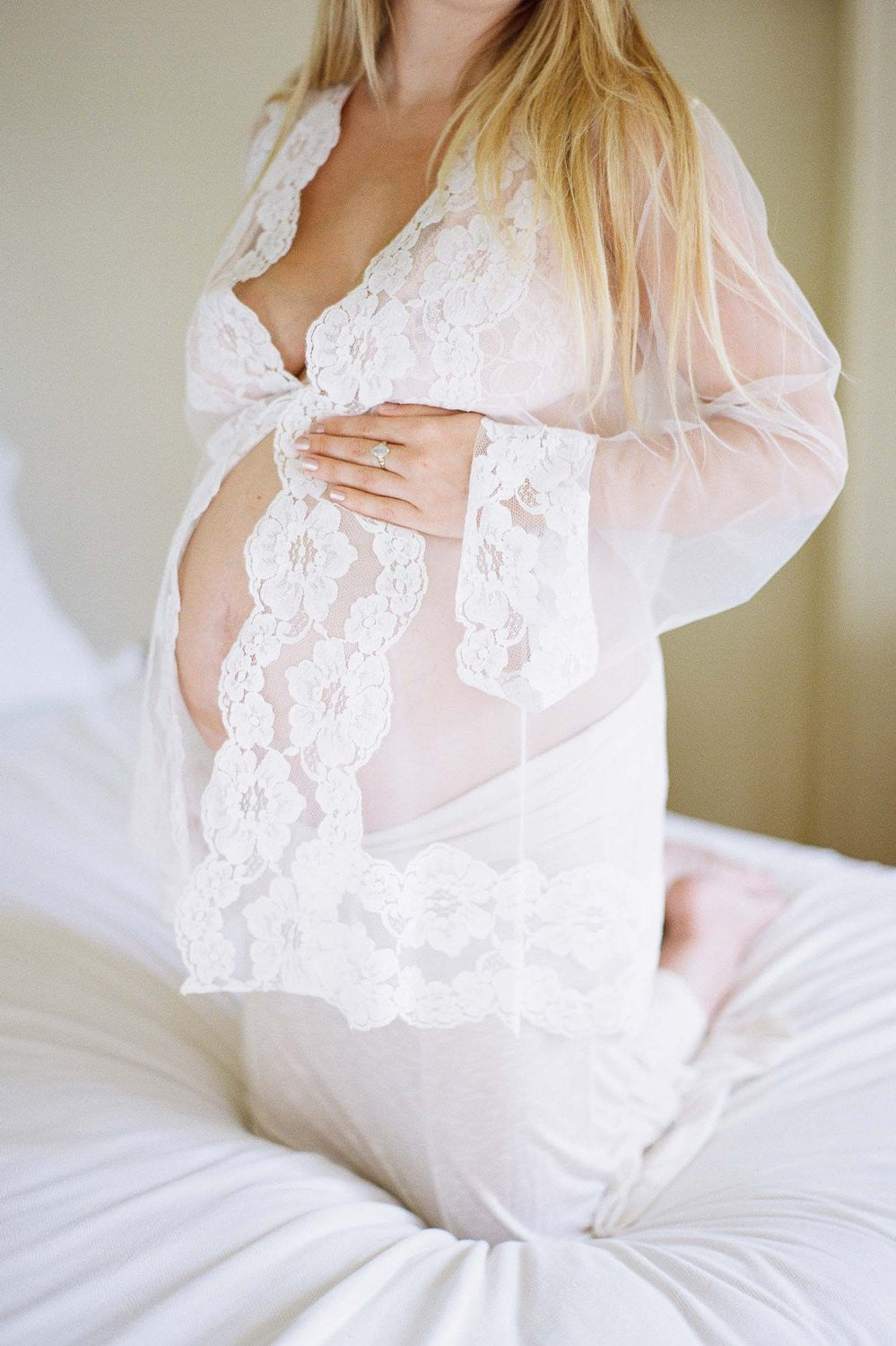 ELSA BOUDOIR TULLE & FRENCH OFF-WHITE LACE ROBE KIMONO