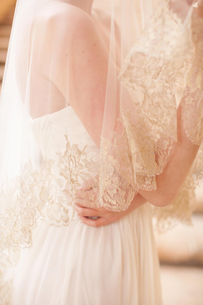Gilded French Lace drop veil in Ivory Gold