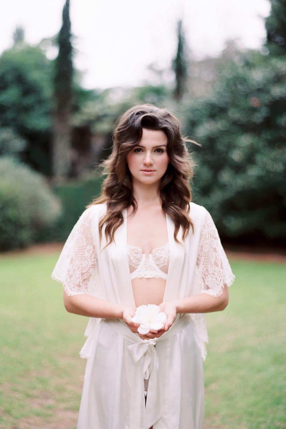 Grace winged Silk & Lace Bridal Kimono Robe in Ivory - style 150