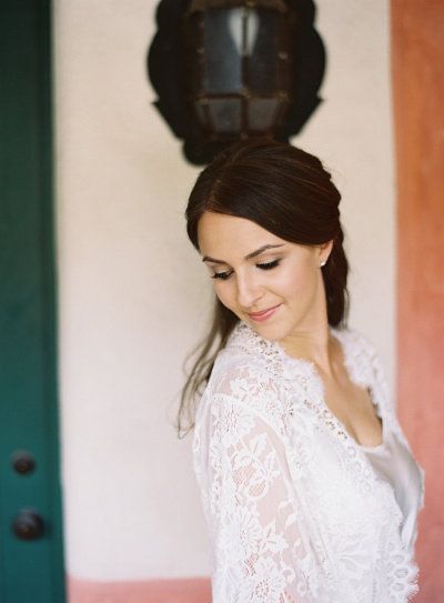 Swan Queen lace kimono bridal robe in Ivory or Blush - Style 102