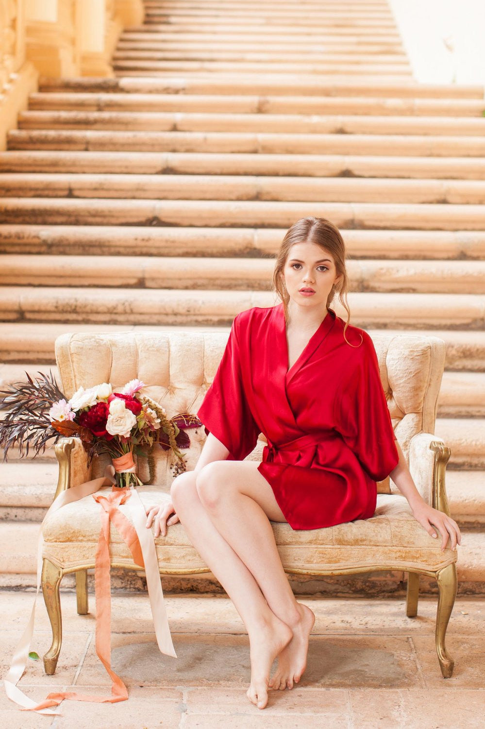 Samantha Silk Kimono Bridal Robe Bridesmaids Robes in Garnet Red Ivory or Black