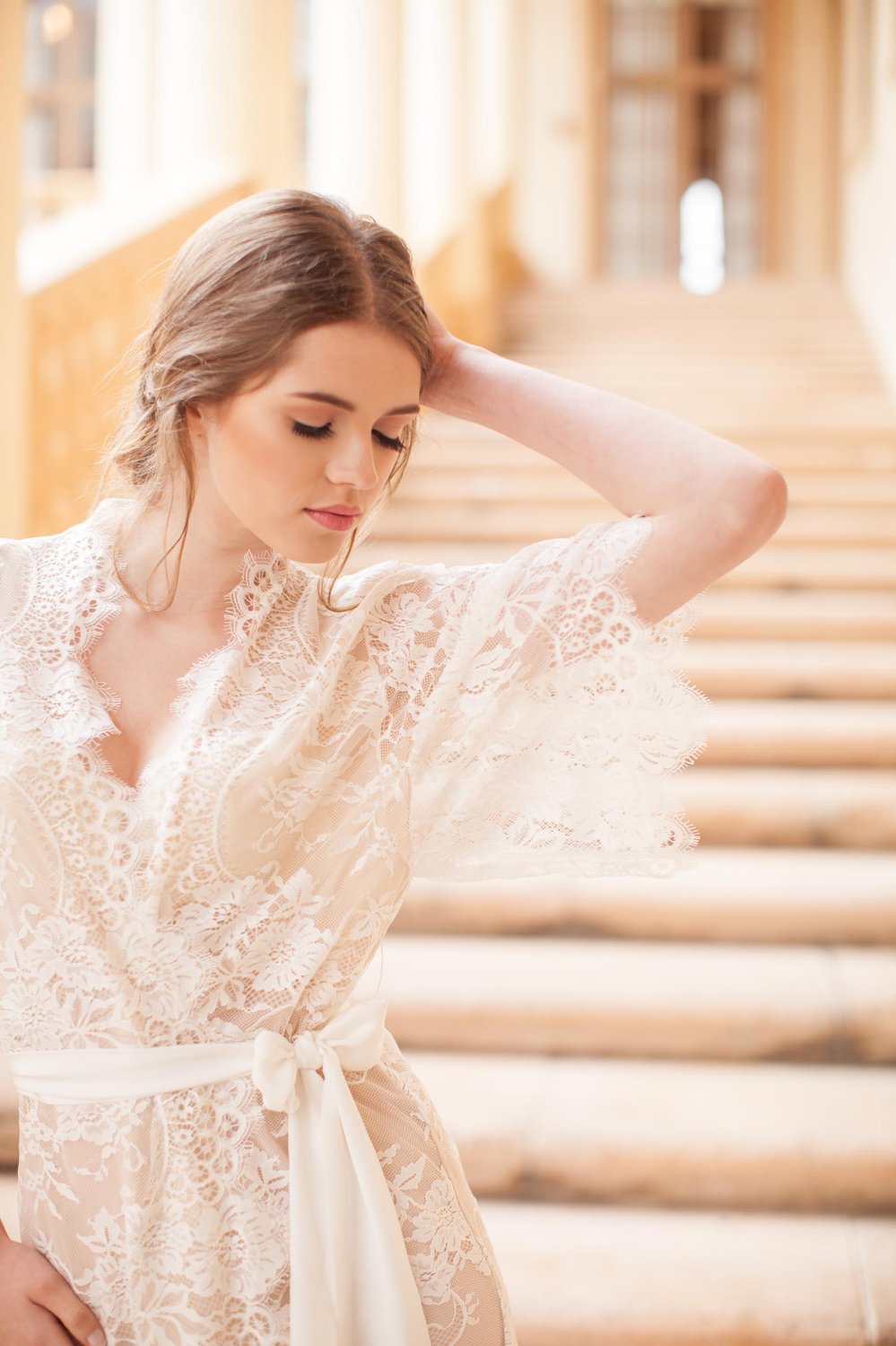 Swan Queen lace robe kimono Ivory with silk lining - style 104SH
