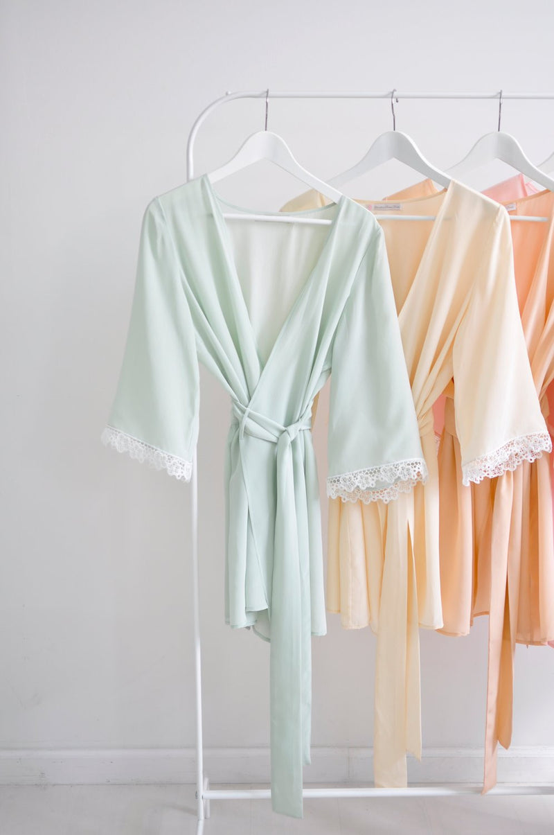 VAL BRIDESMAIDS ROBES KIMONOS SILK & LACE IN SPRING PASTEL COLORS